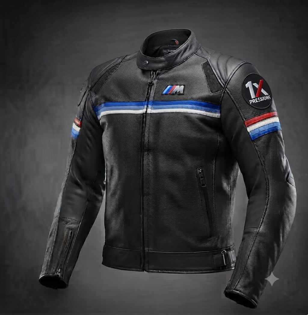 1Xpressions Men's Black Leather Racing Jacket with Blue & Red Stripe Accents