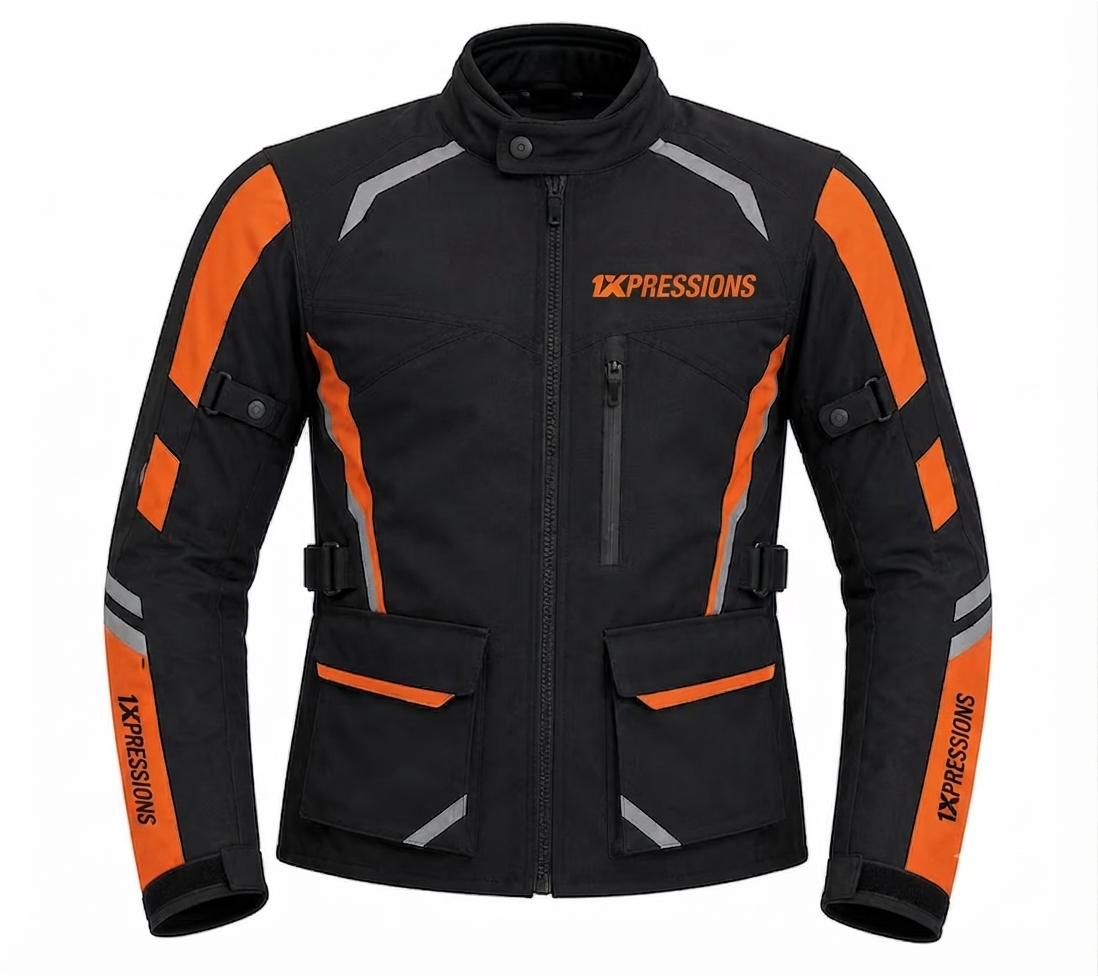 1XPRESSIONS Men's Black & Orange All-Weather Waterproof Motorcycle Riding Jacket with Armor Protection