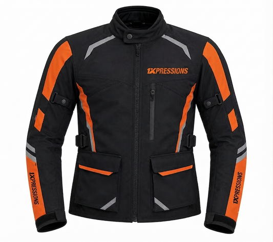 1XPRESSIONS Men's Black & Orange All-Weather Waterproof Motorcycle Riding Jacket with Armor Protection
