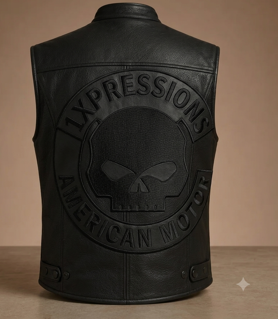 1Xpressions Men’s Custom Embossed Leather Motorcycle Vest – "American Motor" Skull Edition