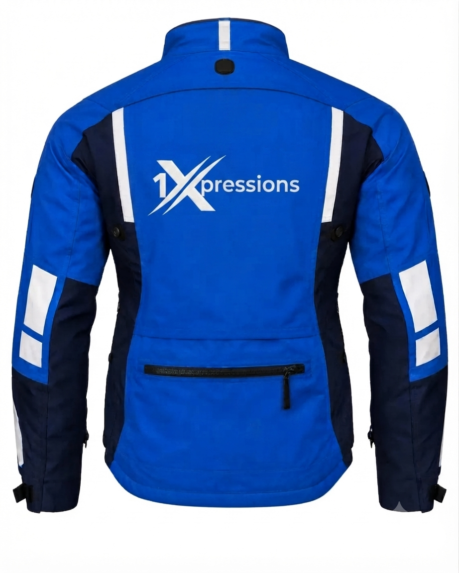 1Xpressions Men's Blue & Navy Waterproof All-Weather Motorcycle Riding Jacket with Reflective Striping1Xpressions Pro-Touring Textile Motorcycle Jacket – Royal Blue/NavyAll-Weather Adventure Touring Moto Jacket with Branded 1Xpressions Logo