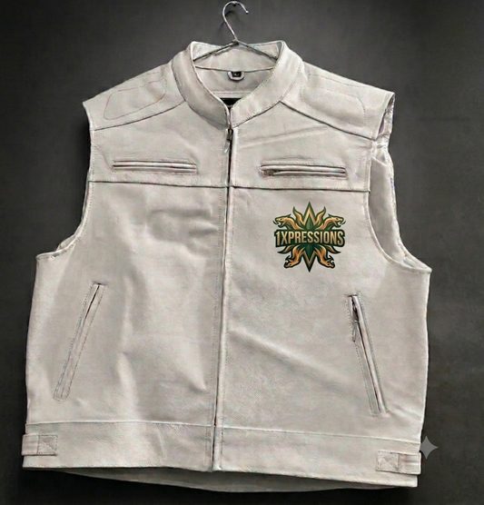 This set features a premium white leather motorcycle vest designed with a focus on custom branding and rugged utility.