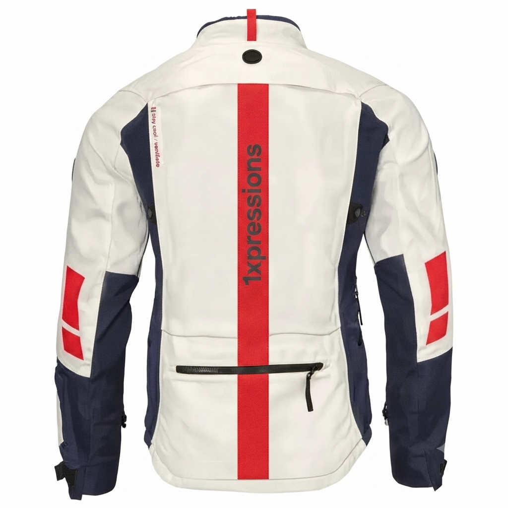 USA Adventure Men's All-Weather Touring Motorcycle Jacket - Off-White/Navy/Red