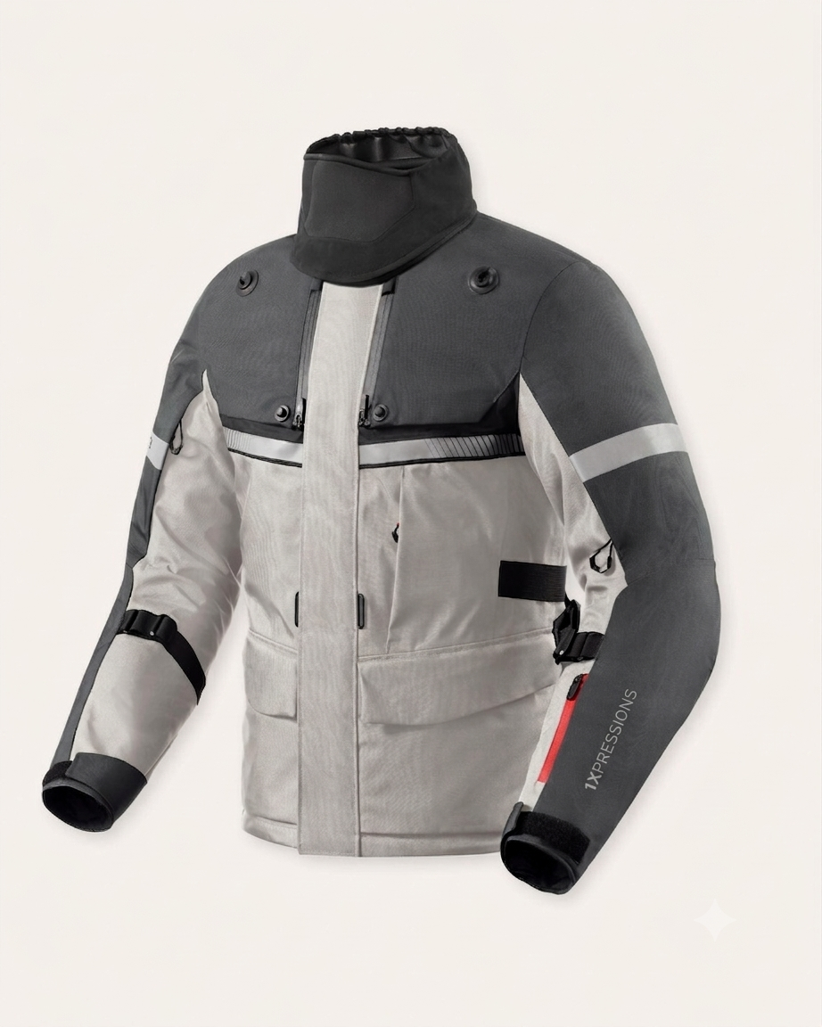 1XPRESSIONS All-Weather Textile Motorcycle Touring Jacket – Light Grey / Dark Grey