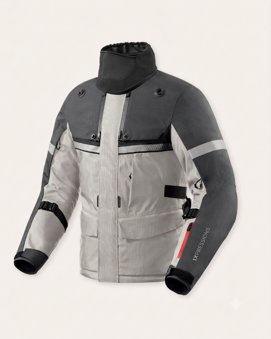 1XPRESSIONS All-Weather Textile Motorcycle Touring Jacket – Light Grey / Dark Grey