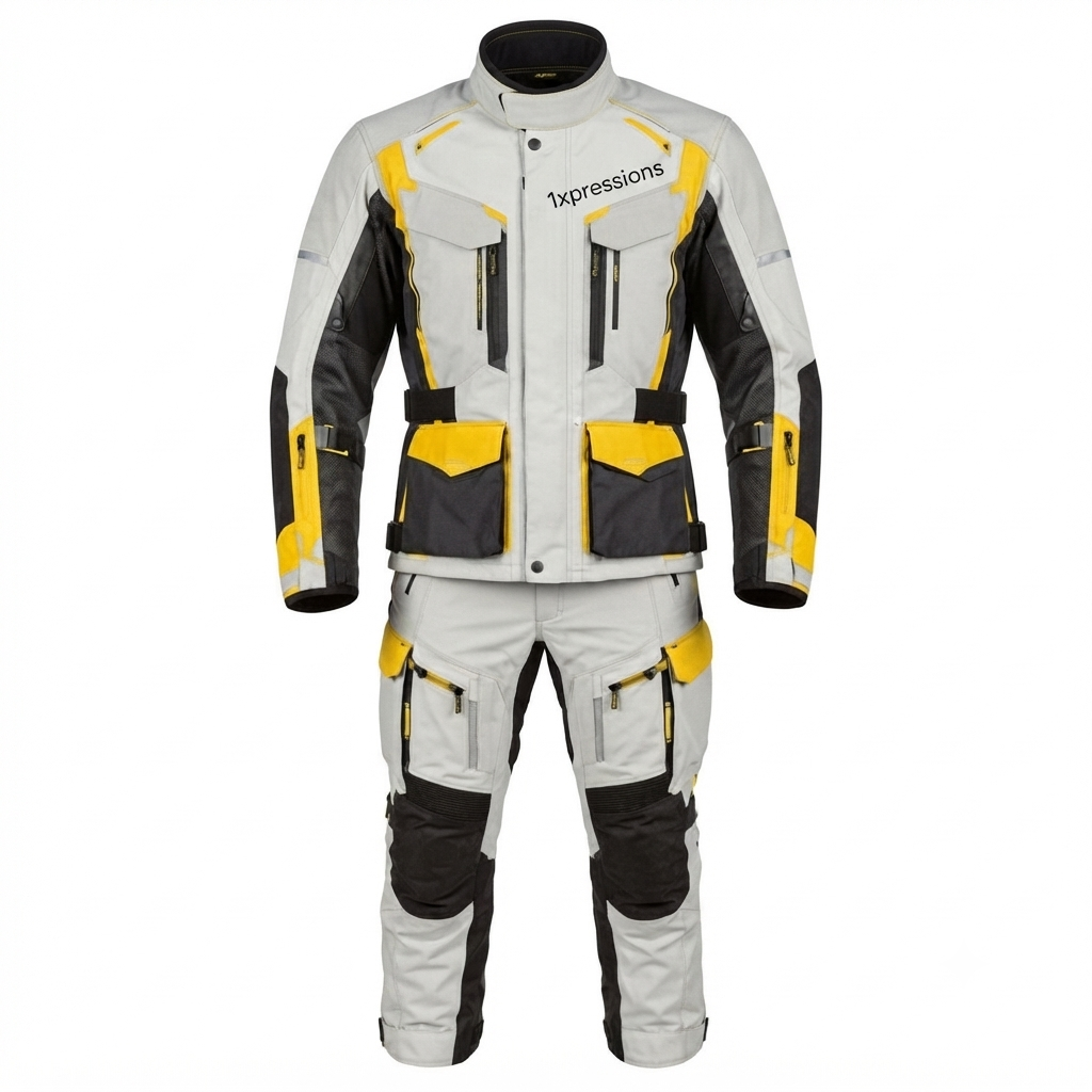 1xPressions All-Weather Adventure Motorcycle Touring Jacket and Pants Set - Light Gray, Black, and High-Viz Yellow