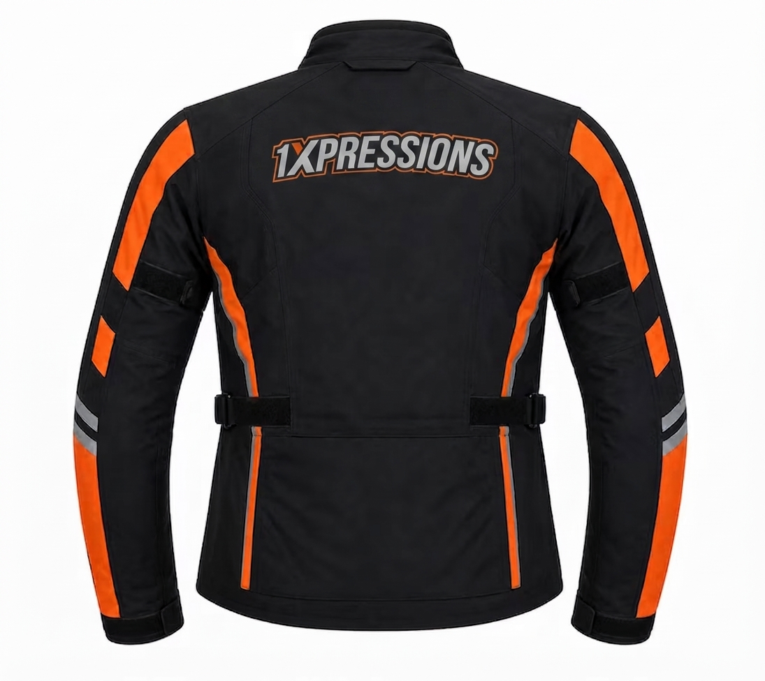 1XPRESSIONS Men's Black & Orange All-Weather Waterproof Motorcycle Riding Jacket with Armor Protection