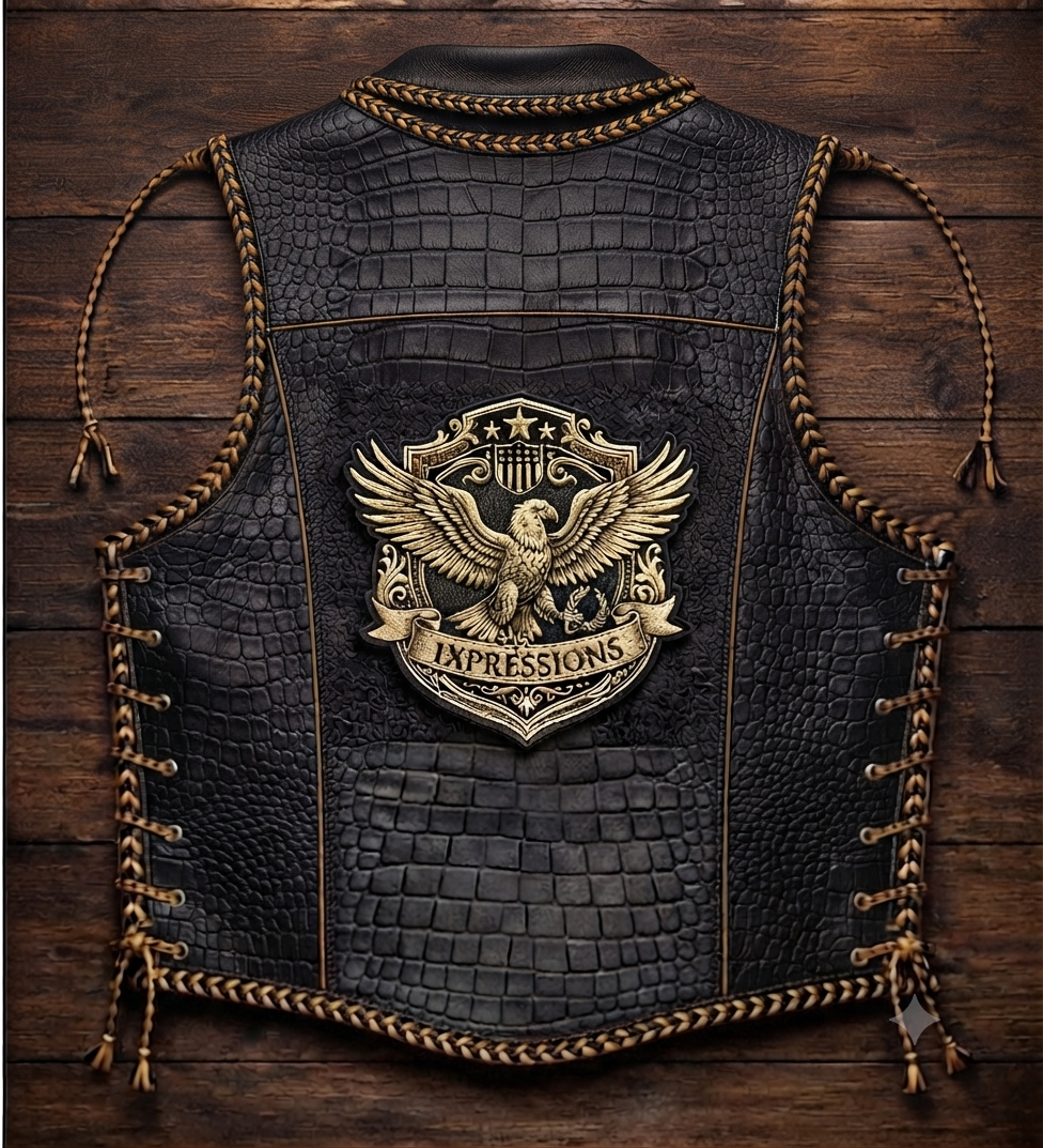 Premium Embossed Leather Biker Vest - Men’s Motorcycle Riding Vest with Eagle Patch & Side Laces