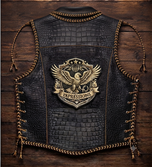 Premium Embossed Leather Biker Vest - Men’s Motorcycle Riding Vest with Eagle Patch & Side Laces