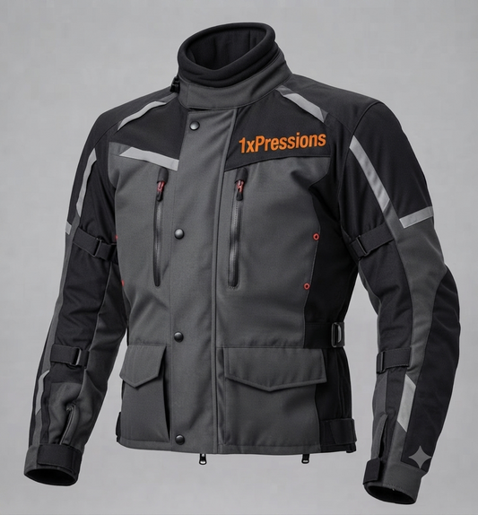 1xPressions Men's Adventure Touring Motorcycle Jacket – All-Weather Textile Riding Gear (Charcoal/Black)