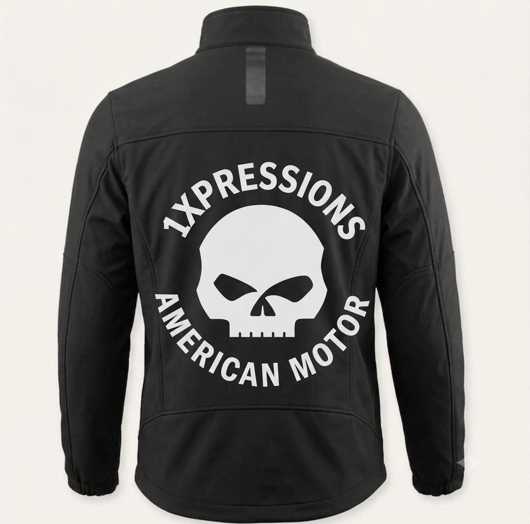 1Xpressions "American Motor" Men's Softshell Motorcycle Jacket – Sleek Black Rider Jacket with Back Skull Graphic