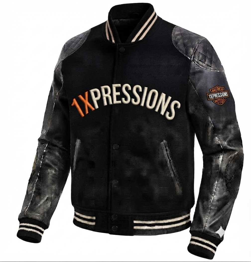 1XPRESSIONS" Custom Biker-Style Varsity Jacket – Black Wool & Leather