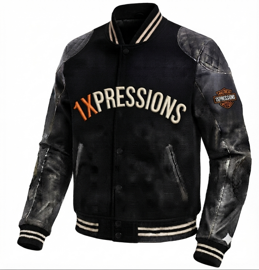 1XPRESSIONS" Custom Biker-Style Varsity Jacket – Black Wool & Leather