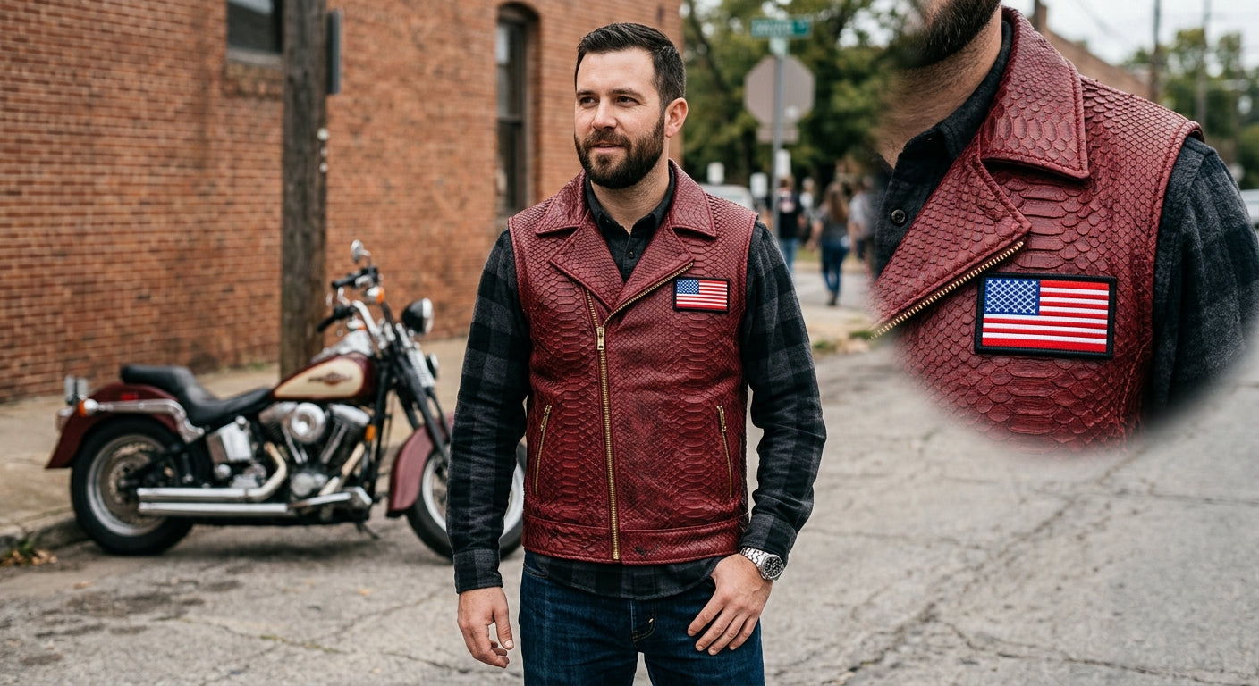 Men’s Maroon Snakeskin Leather Motorcycle Vest with US Flag Patch – Rugged Biker Outerwear