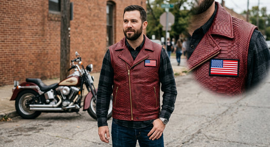 Men’s Maroon Snakeskin Leather Motorcycle Vest with US Flag Patch – Rugged Biker Outerwear