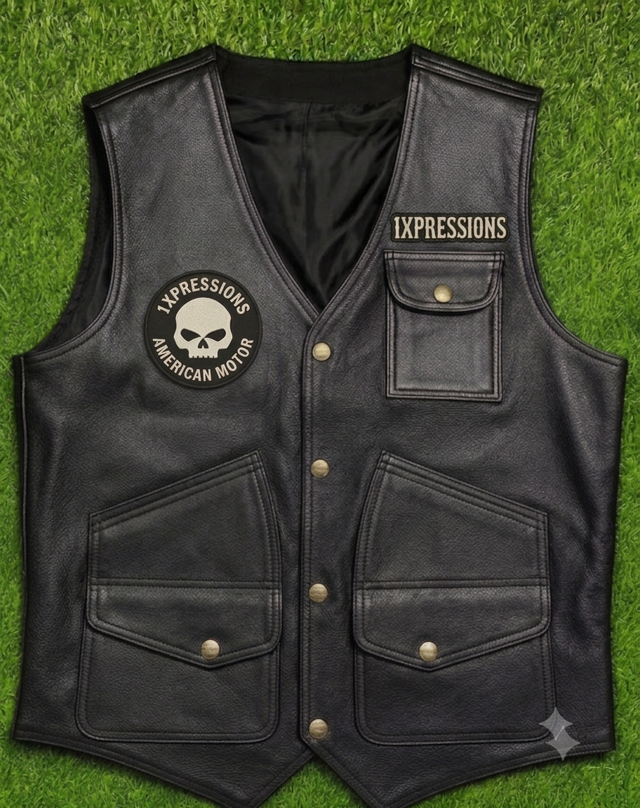 1Xpressions "American Motor" Premium Black Leather Motorcycle Vest – Dual-Sided Skull Branding
