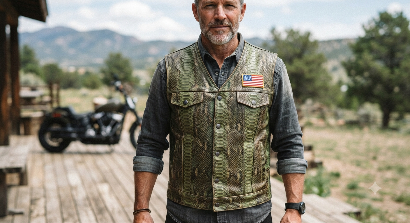 Rugged Rider: Olive Python Leather Vest on Outdoor Porch