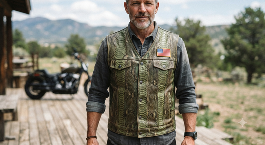 Rugged Rider: Olive Python Leather Vest on Outdoor Porch