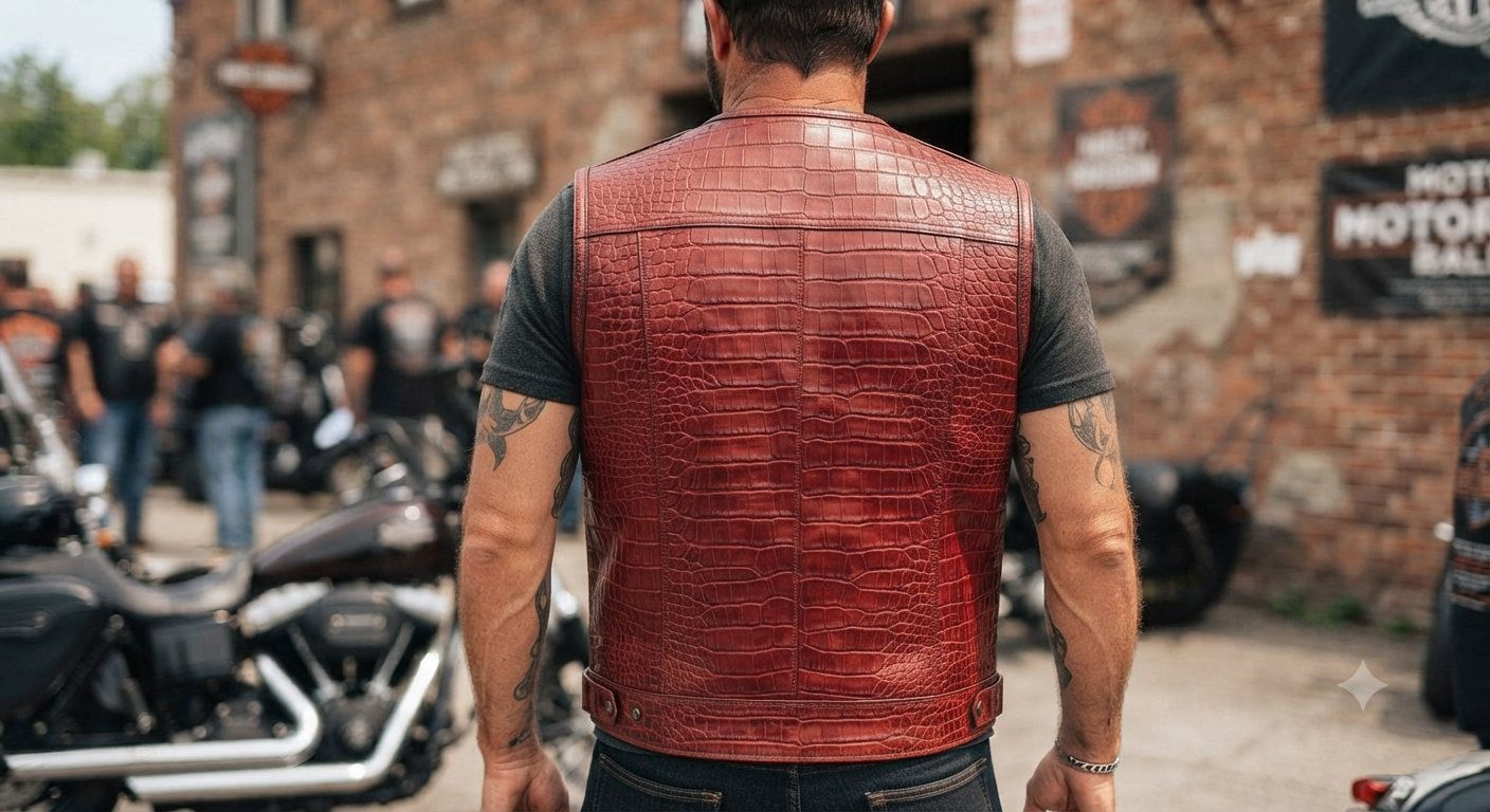 Men's Crimson Crocodile Embossed Leather Biker Vest