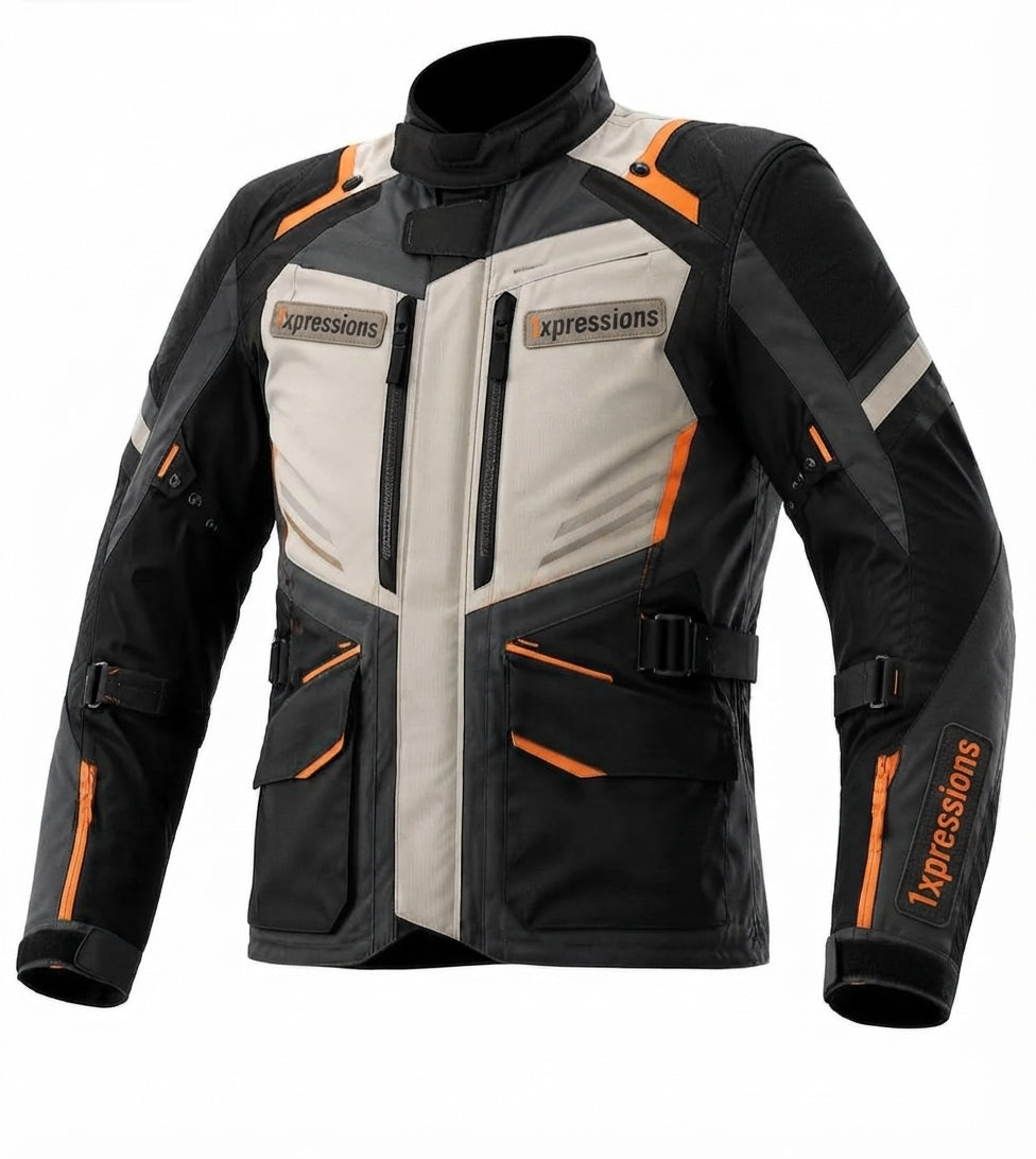 1XPRESSION All-Weather Adventure Touring Motorcycle Jacket - Black, Grey & Orange