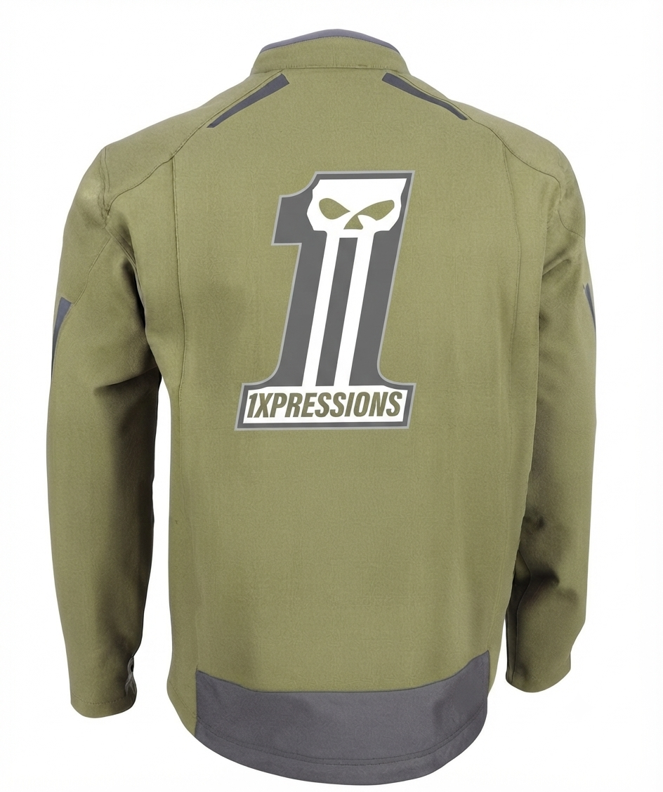 1XPRESSIONS Elite Tactical Jacket – Olive Green "Made in USA" Skull Graphic Rider Jacket