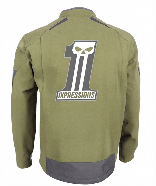 1XPRESSIONS Elite Tactical Jacket – Olive Green "Made in USA" Skull Graphic Rider Jacket