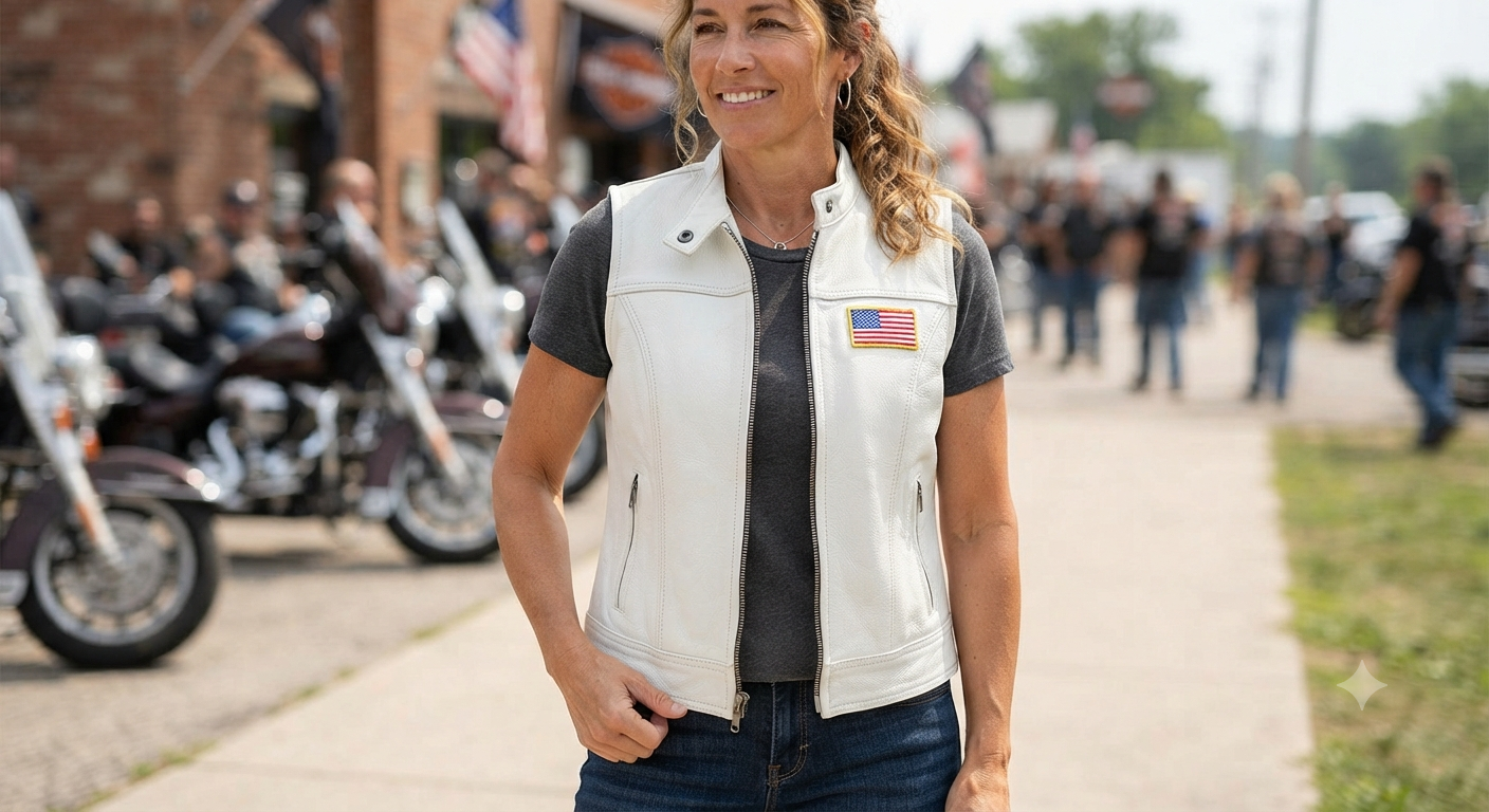 Women's White Leather Motorcycle Vest with American Flag Patch