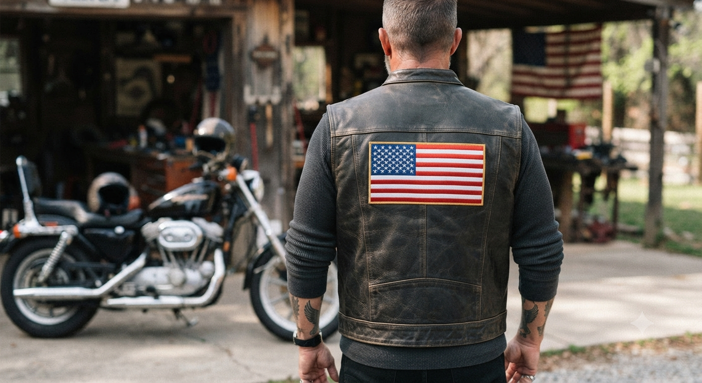 Men's Distressed Leather Motorcycle Vest with US Flag Patch