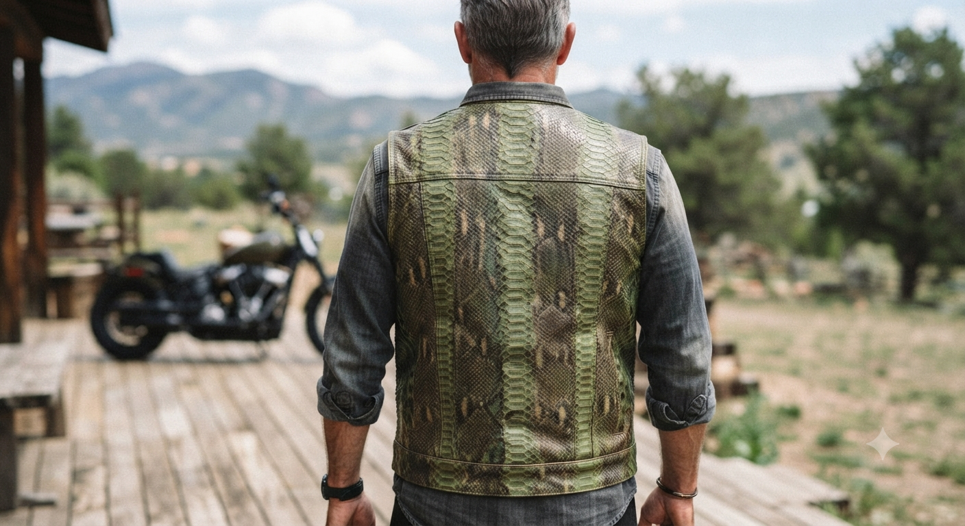 Rugged Rider: Olive Python Leather Vest on Outdoor Porch