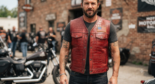 Men's Crimson Crocodile Embossed Leather Biker Vest