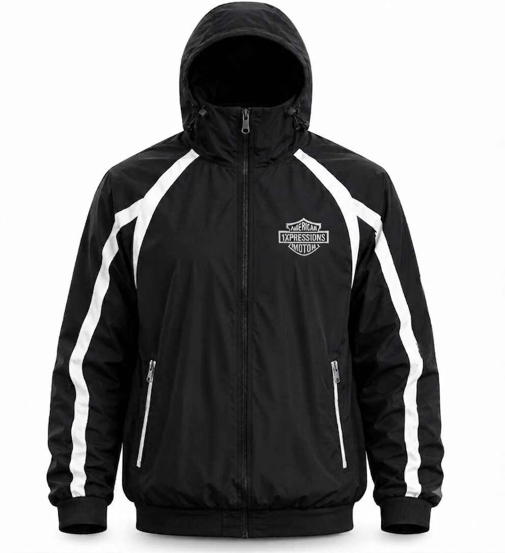 1XPRESSIONS "American Motor" Men's Hooded Windbreaker Jacket – Black & White