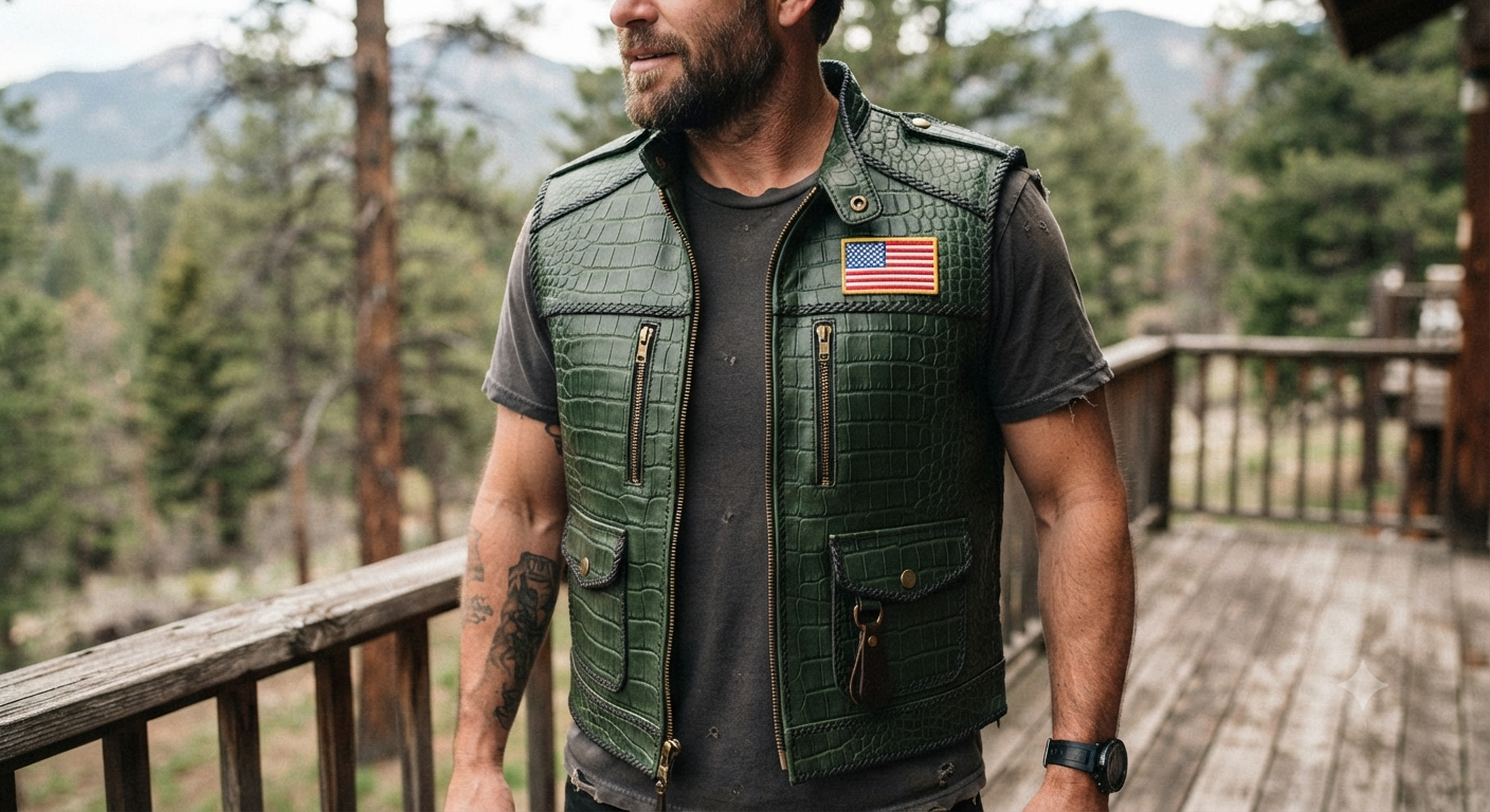 Men's Forest Green Crocodile-Embossed Leather Vest with US Flag Patch
