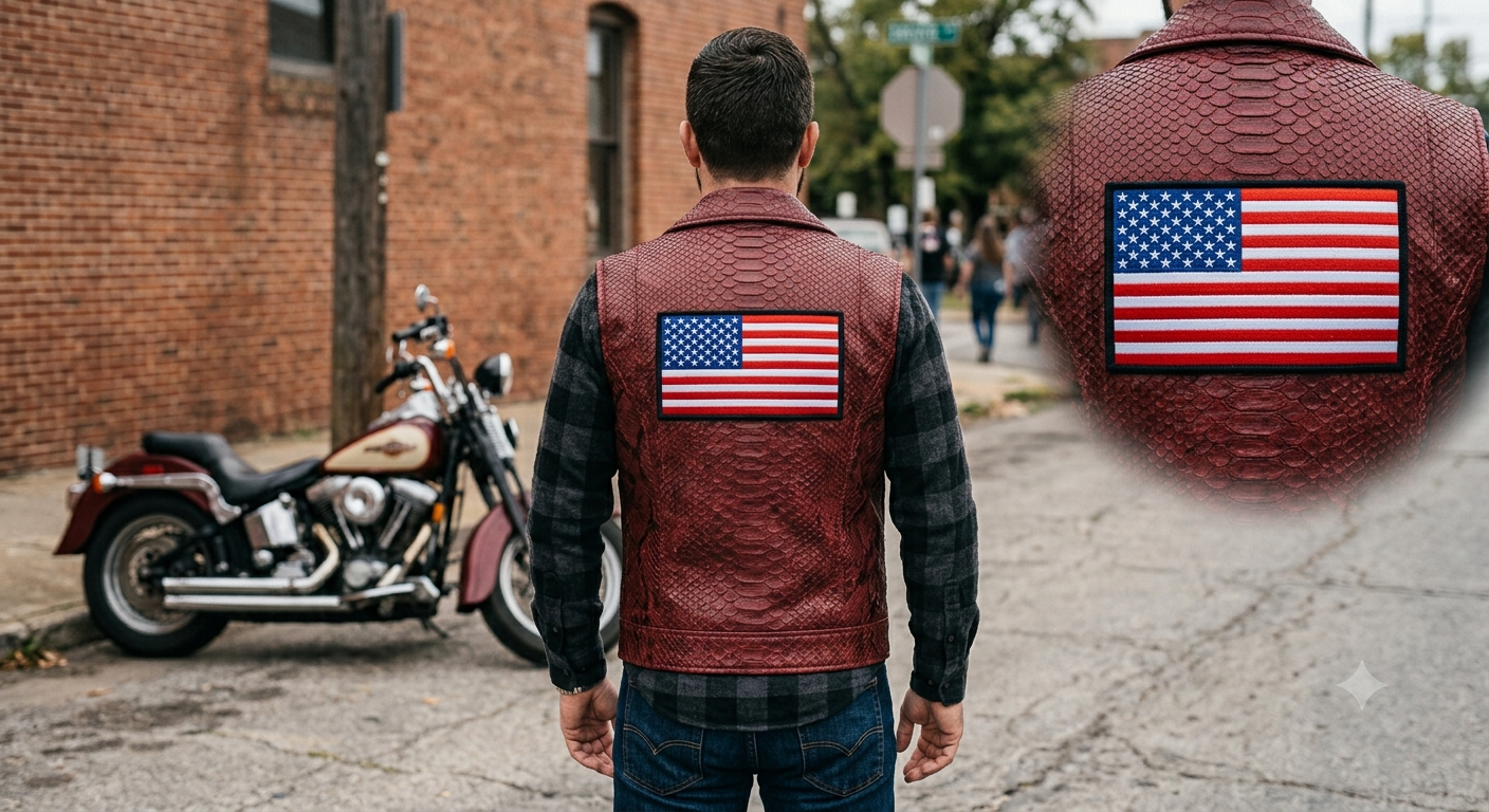 Men’s Maroon Snakeskin Leather Motorcycle Vest with US Flag Patch – Rugged Biker Outerwear