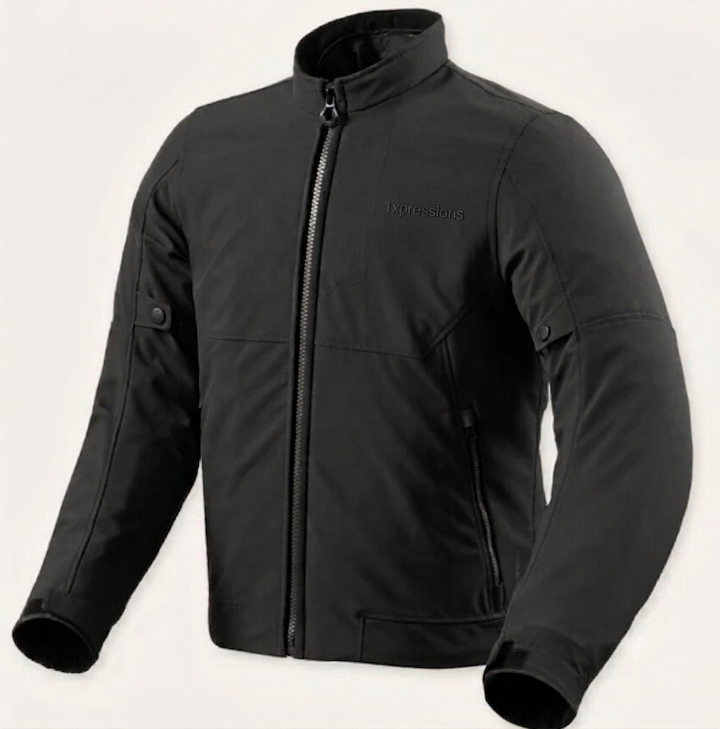 1Xpressions "American Motor" Men's Softshell Motorcycle Jacket – Sleek Black Rider Jacket with Back Skull Graphic