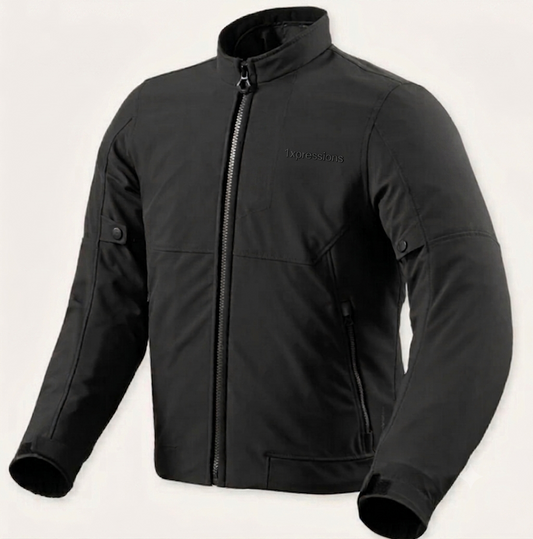 1Xpressions "American Motor" Men's Softshell Motorcycle Jacket – Sleek Black Rider Jacket with Back Skull Graphic