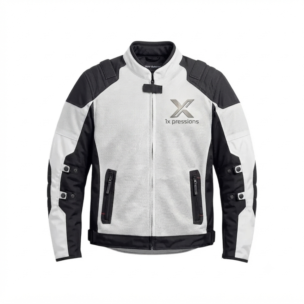 1xpressions Men's Black & White Mesh Motorcycle Riding Jacket with Armor and Branding