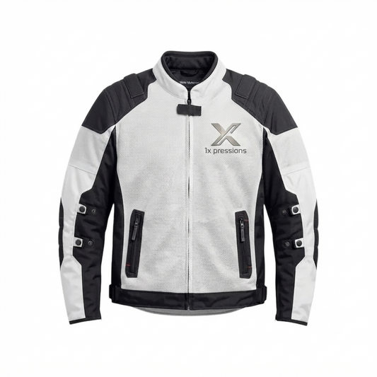 1xpressions Men's Black & White Mesh Motorcycle Riding Jacket with Armor and Branding
