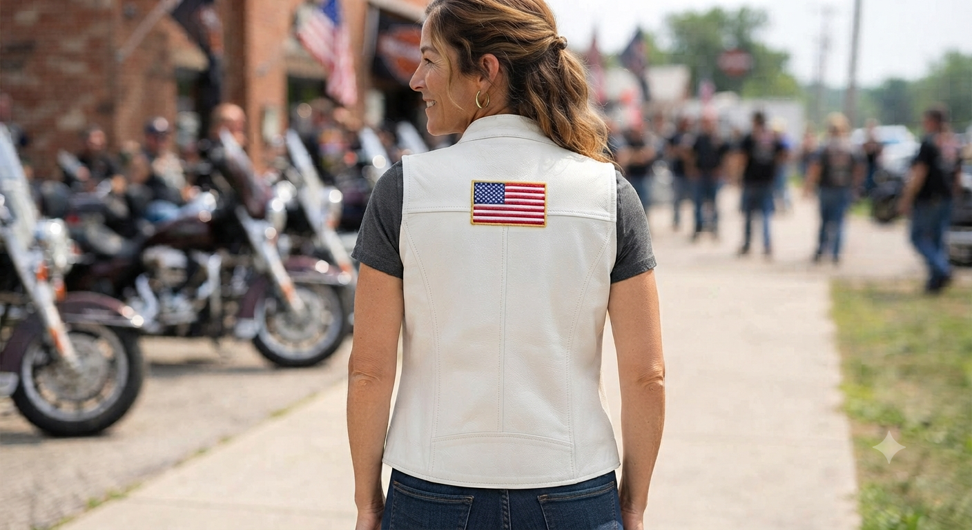 Women's White Leather Motorcycle Vest with American Flag Patch