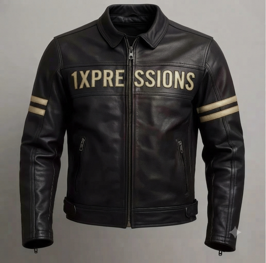 Men's Black Leather Biker Jacket - Vintage Motorcycle Riding Gear with "1XPRESSIONS LEGENDARY MOTORCYCLES" Back Patch & Racing Stripes