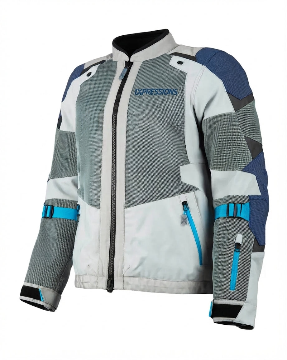 1xpressions Men's Mesh Motorcycle Riding Jacket - Light Grey, Blue, and Dark Grey