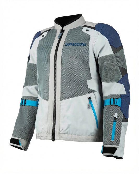 1xpressions Men's Mesh Motorcycle Riding Jacket - Light Grey, Blue, and Dark Grey