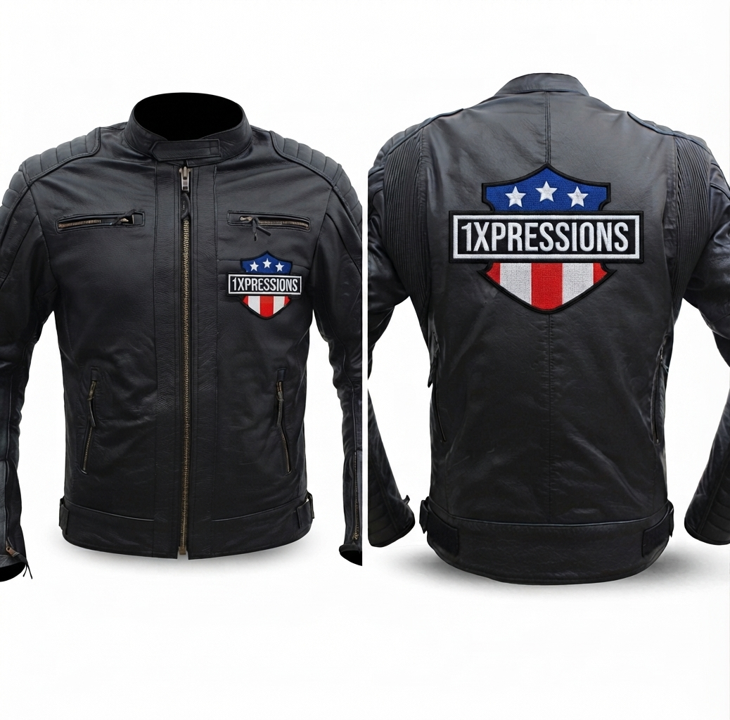 Custom Black Leather Motorcycle Jacket with Patriotic "1XPRESSIONS" Patches