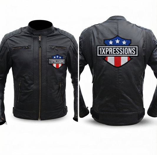 Custom Black Leather Motorcycle Jacket with Patriotic "1XPRESSIONS" Patches