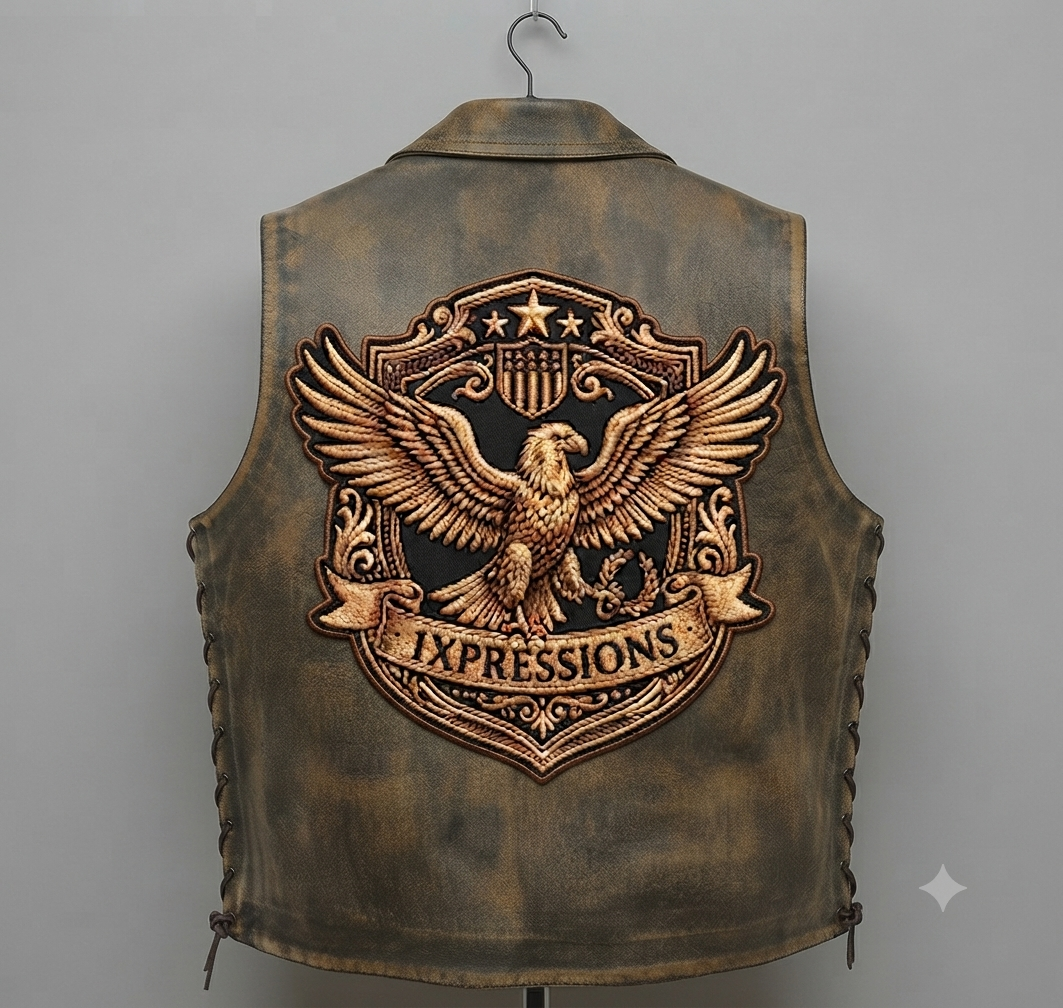 This version features a smaller emblem on the chest. The vest has a button-up front closure, multiple pockets, and lace-up details along the sides for adjustability.