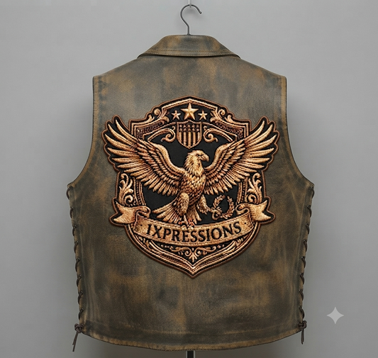 This version features a smaller emblem on the chest. The vest has a button-up front closure, multiple pockets, and lace-up details along the sides for adjustability.