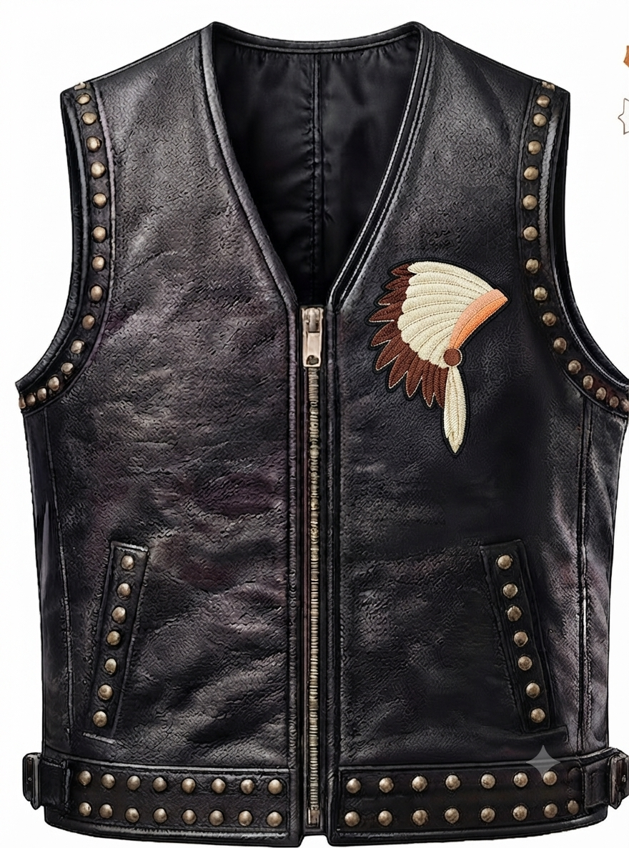 Men’s Leather Biker Vest – Distressed Black Motorcycle Club Cut with Headdress Patch – 1xpressions