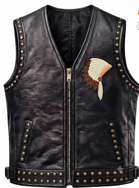 Men’s Leather Biker Vest – Distressed Black Motorcycle Club Cut with Headdress Patch – 1xpressions