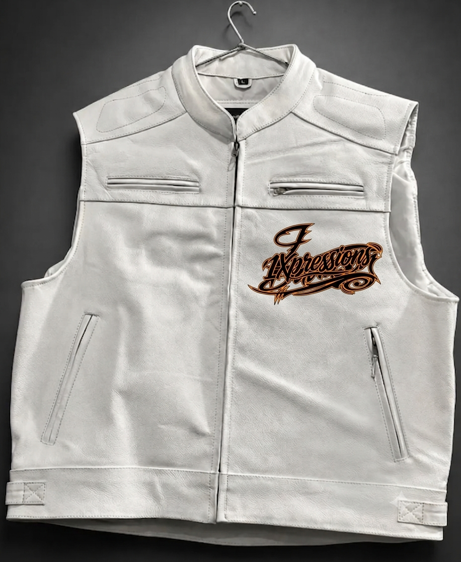 Men's Premium White Leather Motorcycle Vest – "1XPRESSIONS AMERICAN MOTOR" Skull Back Patch Biker Vest