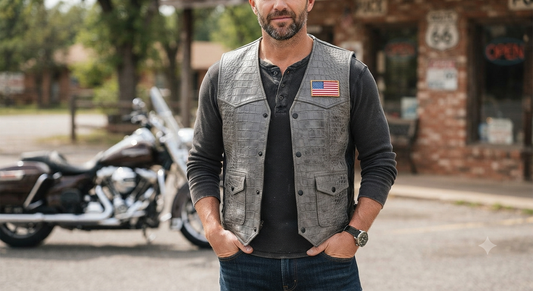 Men's Handcrafted Grey Crocodile-Style Leather Biker Vest with American Flag Patch