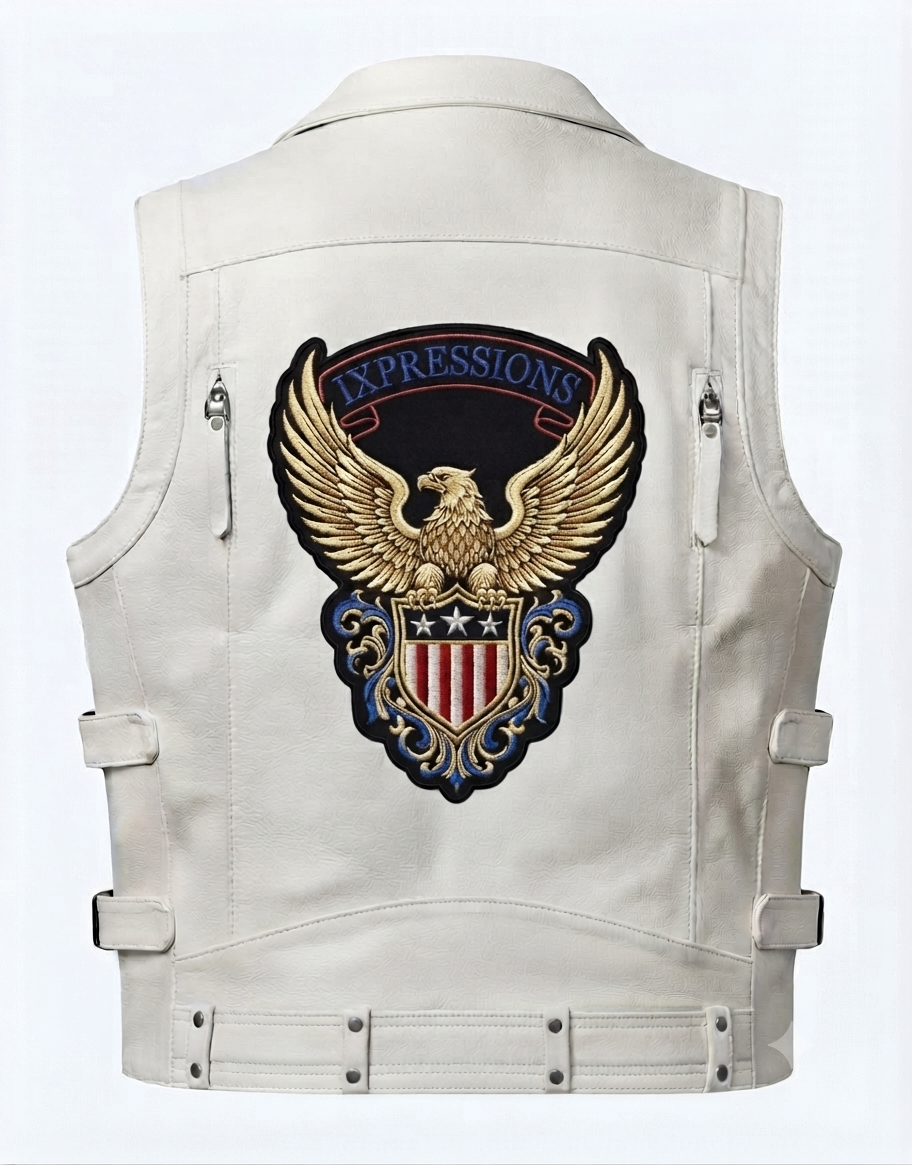 This set features a premium white leather motorcycle vest designed with a focus on custom branding and rugged utility.